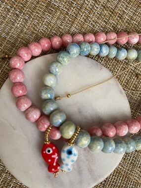 Pink and Blue Beaded Necklace Set with Fish Charms.